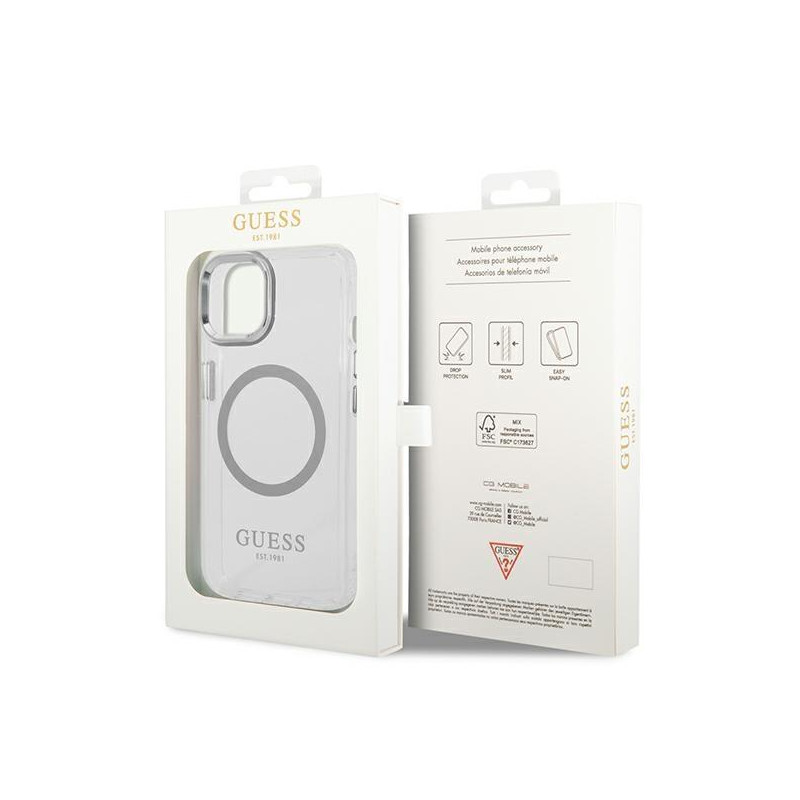 Guess Metal Outline MagSafe dėklas iPhone 14 Plus - sidabrinis