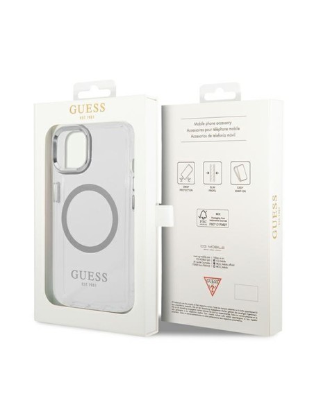 Guess Metal Outline MagSafe dėklas iPhone 14 Plus - sidabrinis Guess Metal Outline MagSafe dėklas iPhone 14 Plus - sidabrinis