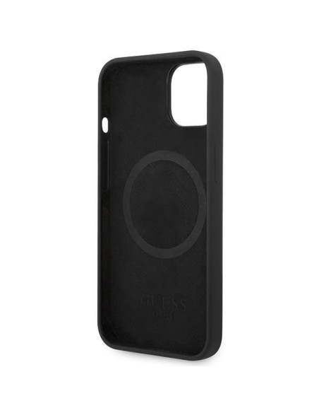 Guess Silicone Logo Plate MagSafe dėklas iPhone 14 Plus - juodas Guess Silicone Logo Plate MagSafe dėklas iPhone 14 Plus - juodas