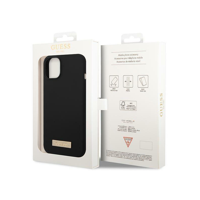 Guess Silicone Logo Plate MagSafe dėklas iPhone 14 Plus - juodas