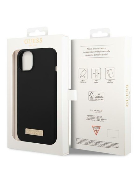 Guess Silicone Logo Plate MagSafe dėklas iPhone 14 Plus - juodas Guess Silicone Logo Plate MagSafe dėklas iPhone 14 Plus - juodas