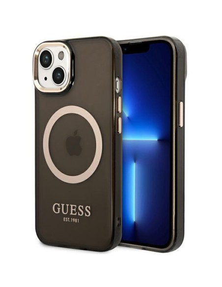 Guess Gold Outline permatomas MagSafe dėklas iPhone 14 - juodas Guess Gold Outline permatomas MagSafe dėklas iPhone 14 - juodas