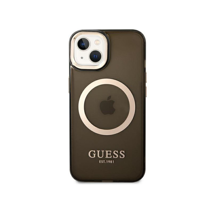 Guess Gold Outline permatomas MagSafe dėklas iPhone 14 - juodas