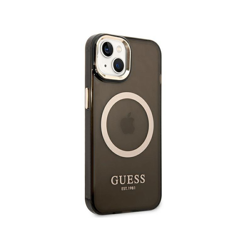 Guess Gold Outline permatomas MagSafe dėklas iPhone 14 - juodas