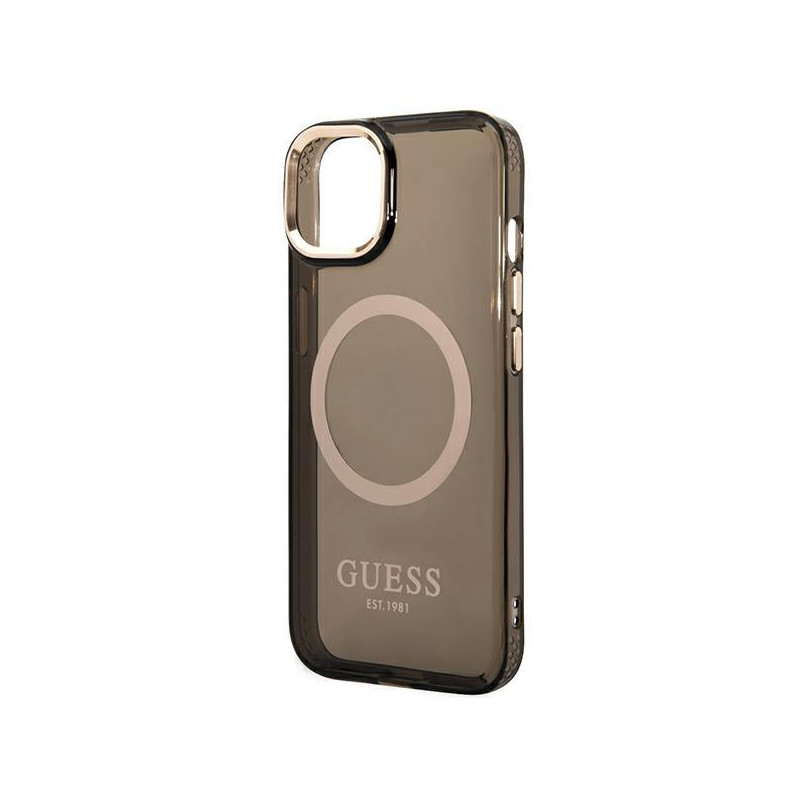 Guess Gold Outline permatomas MagSafe dėklas iPhone 14 - juodas