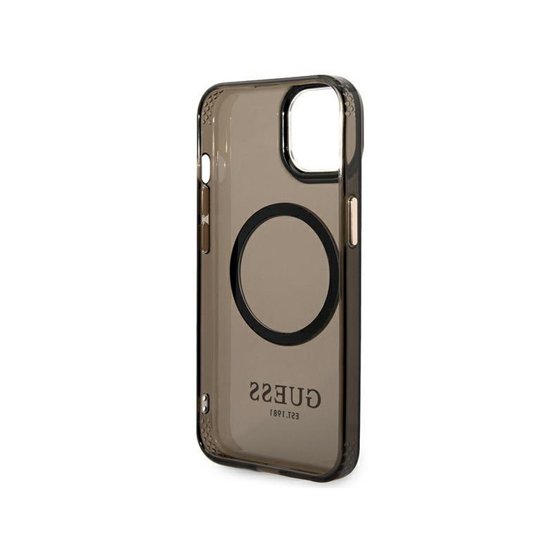 Guess Gold Outline permatomas MagSafe dėklas iPhone 14 - juodas