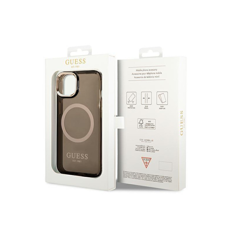 Guess Gold Outline permatomas MagSafe dėklas iPhone 14 - juodas