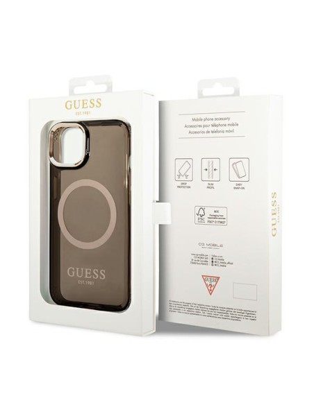 Guess Gold Outline permatomas MagSafe dėklas iPhone 14 - juodas Guess Gold Outline permatomas MagSafe dėklas iPhone 14 - juodas