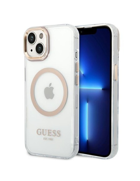 Guess Metal Outline MagSafe dėklas iPhone 14 - auksinis Guess Metal Outline MagSafe dėklas iPhone 14 - auksinis