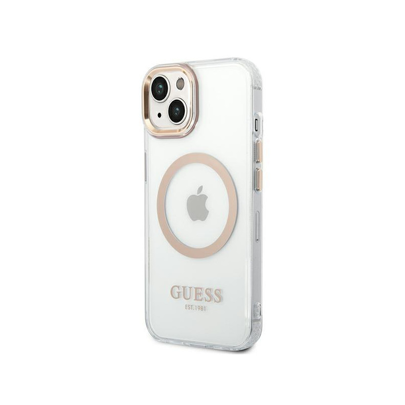 Guess Metal Outline MagSafe dėklas iPhone 14 - auksinis