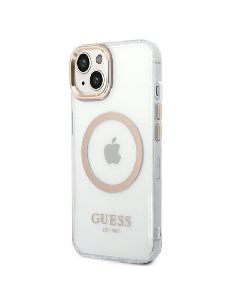 Guess Metal Outline MagSafe dėklas iPhone 14 - auksinis Guess Metal Outline MagSafe dėklas iPhone 14 - auksinis