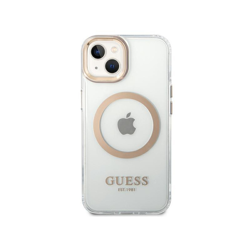 Guess Metal Outline MagSafe dėklas iPhone 14 - auksinis