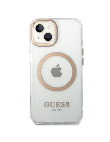 Guess Metal Outline MagSafe dėklas iPhone 14 - auksinis Guess Metal Outline MagSafe dėklas iPhone 14 - auksinis