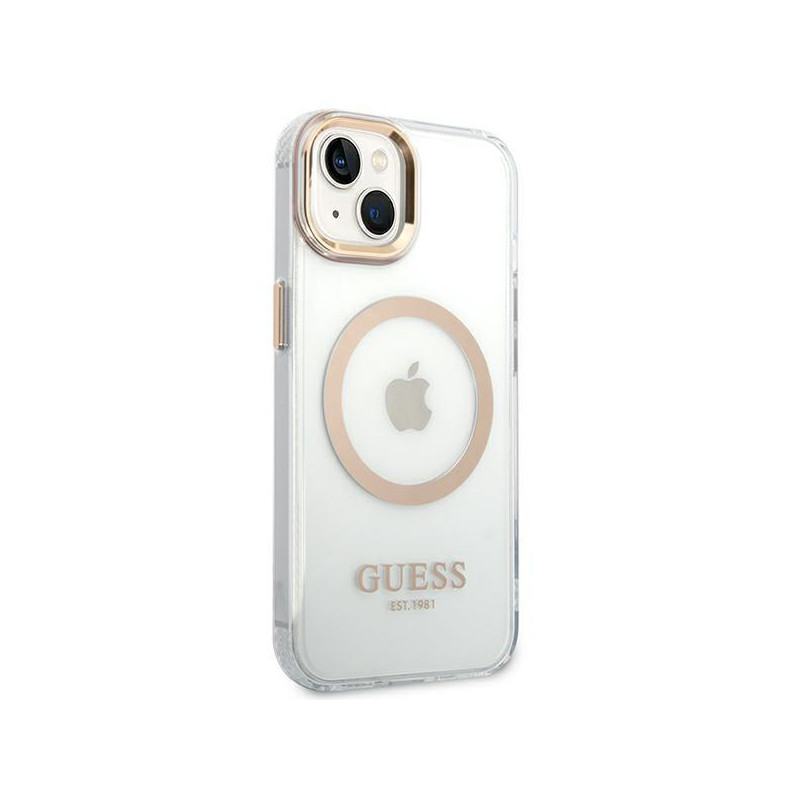 Guess Metal Outline MagSafe dėklas iPhone 14 - auksinis