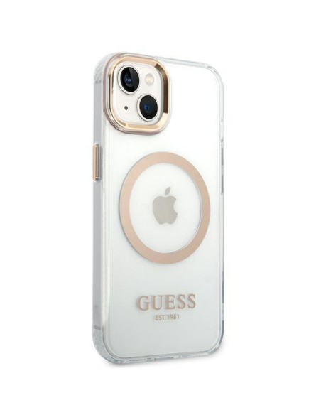 Guess Metal Outline MagSafe dėklas iPhone 14 - auksinis Guess Metal Outline MagSafe dėklas iPhone 14 - auksinis