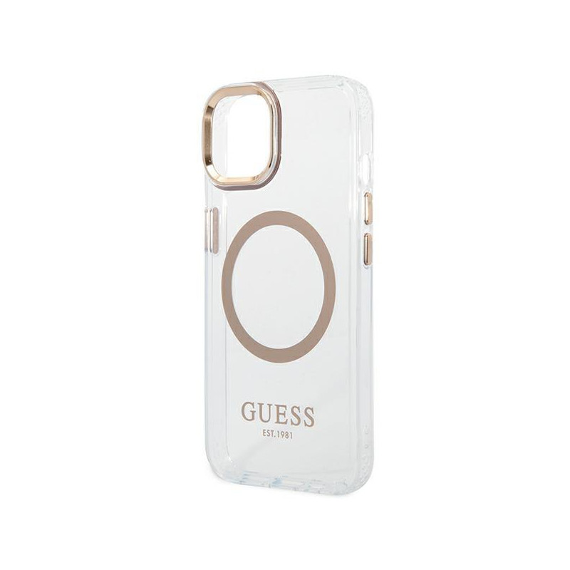 Guess Metal Outline MagSafe dėklas iPhone 14 - auksinis