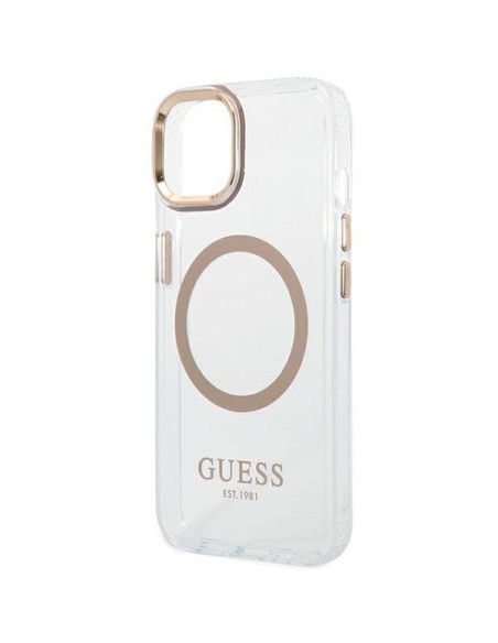 Guess Metal Outline MagSafe dėklas iPhone 14 - auksinis Guess Metal Outline MagSafe dėklas iPhone 14 - auksinis