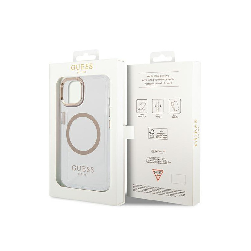 Guess Metal Outline MagSafe dėklas iPhone 14 - auksinis