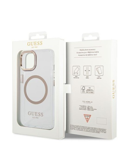 Guess Metal Outline MagSafe dėklas iPhone 14 - auksinis Guess Metal Outline MagSafe dėklas iPhone 14 - auksinis