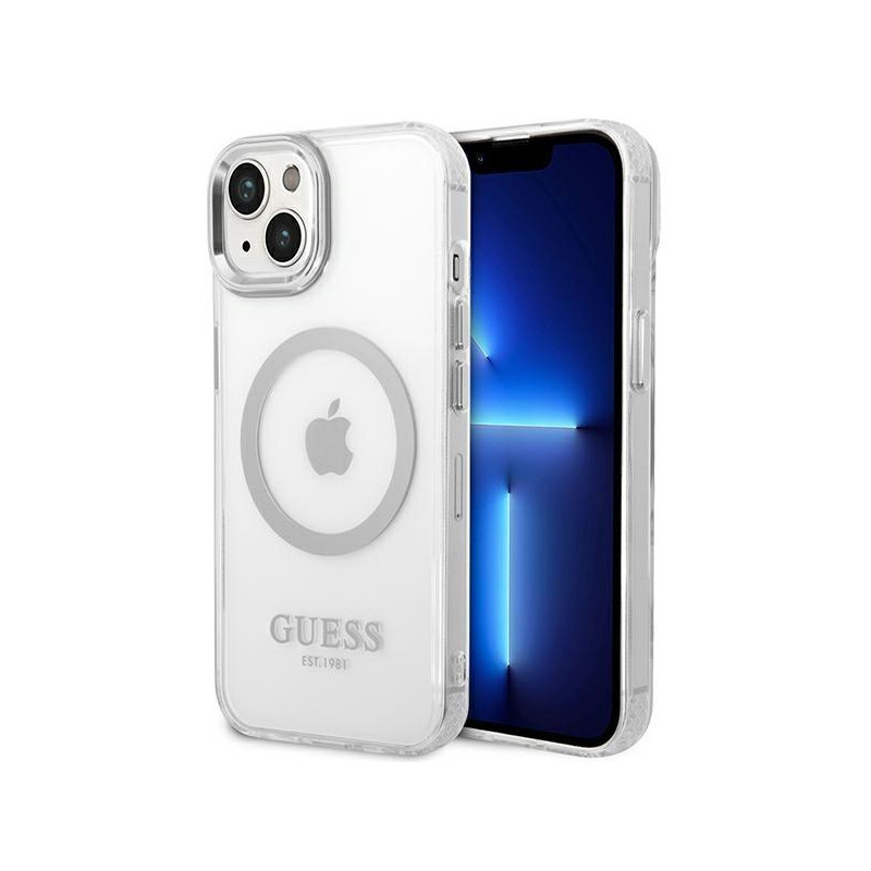 Guess Metal Outline MagSafe dėklas iPhone 14 - sidabrinis