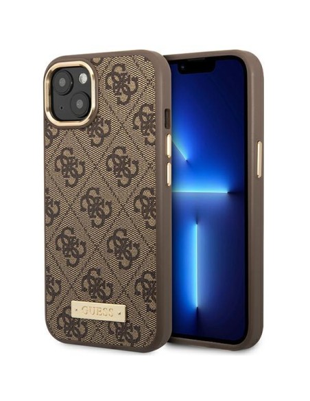 Guess 4G Logo Plate MagSafe dėklas iPhone 14 - rudas Guess 4G Logo Plate MagSafe dėklas iPhone 14 - rudas
