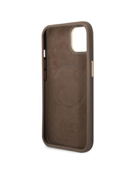 Guess 4G Logo Plate MagSafe dėklas iPhone 14 - rudas Guess 4G Logo Plate MagSafe dėklas iPhone 14 - rudas