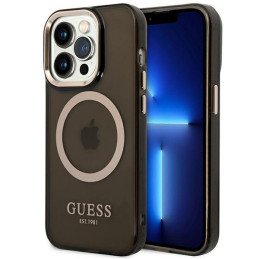 Guess Gold Outline permatomas MagSafe dėklas, skirtas iPhone 14 Pro Max - juodas