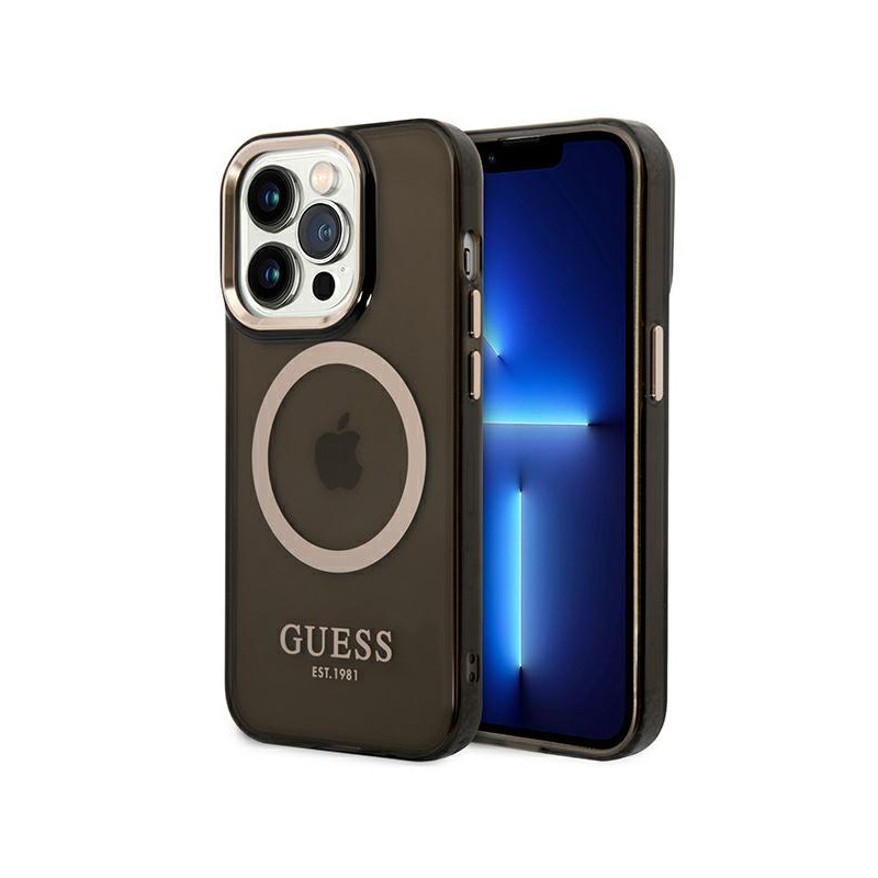 Guess Gold Outline permatomas MagSafe dėklas, skirtas iPhone 14 Pro Max - juodas Guess Gold Outline permatomas MagSafe dėklas, skirtas iPhone 14 Pro Max - juodas
