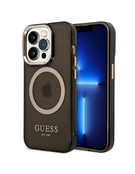 Guess Gold Outline permatomas MagSafe dėklas, skirtas iPhone 14 Pro Max - juodas Guess Gold Outline permatomas MagSafe dėklas, skirtas iPhone 14 Pro Max - juodas