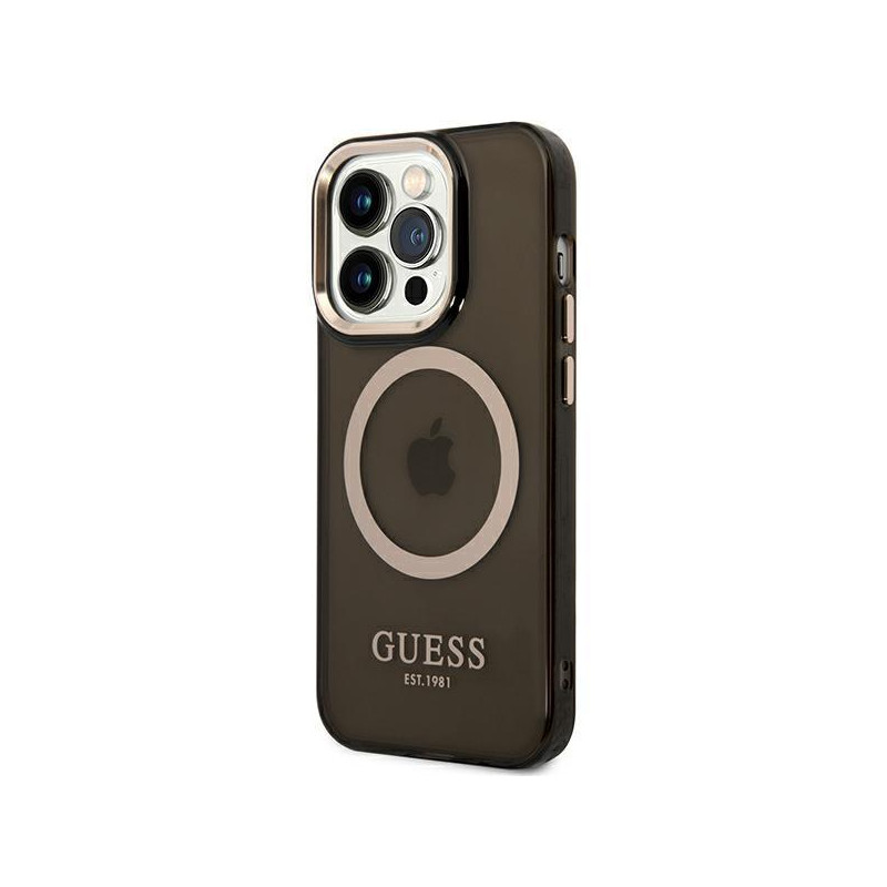 Guess Gold Outline permatomas MagSafe dėklas, skirtas iPhone 14 Pro Max - juodas