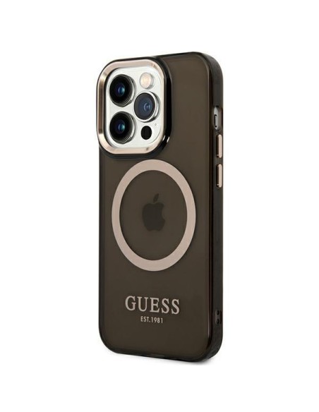 Guess Gold Outline permatomas MagSafe dėklas, skirtas iPhone 14 Pro Max - juodas Guess Gold Outline permatomas MagSafe dėklas, skirtas iPhone 14 Pro Max - juodas