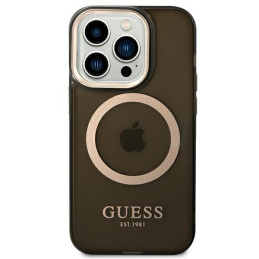 Guess Gold Outline permatomas MagSafe dėklas, skirtas iPhone 14 Pro Max - juodas