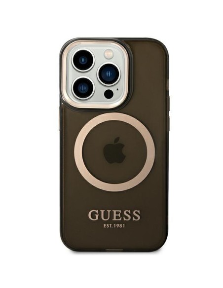 Guess Gold Outline permatomas MagSafe dėklas, skirtas iPhone 14 Pro Max - juodas Guess Gold Outline permatomas MagSafe dėklas, skirtas iPhone 14 Pro Max - juodas