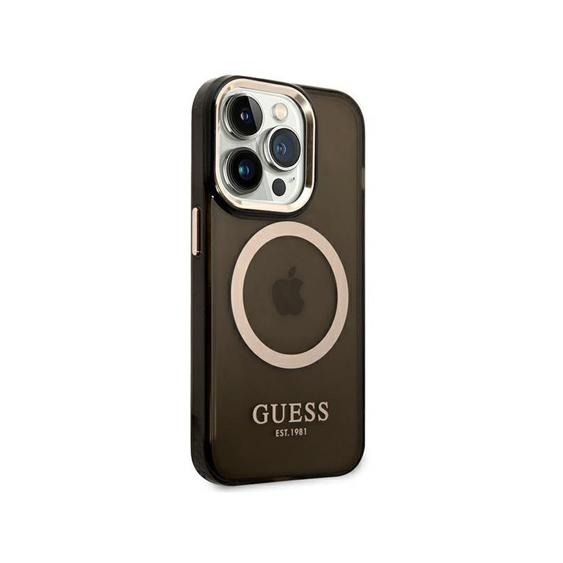 Guess Gold Outline permatomas MagSafe dėklas, skirtas iPhone 14 Pro Max - juodas