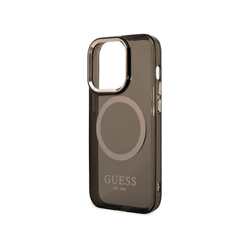 Guess Gold Outline permatomas MagSafe dėklas, skirtas iPhone 14 Pro Max - juodas