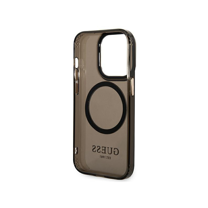 Guess Gold Outline permatomas MagSafe dėklas, skirtas iPhone 14 Pro Max - juodas