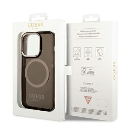 Guess Gold Outline permatomas MagSafe dėklas, skirtas iPhone 14 Pro Max - juodas