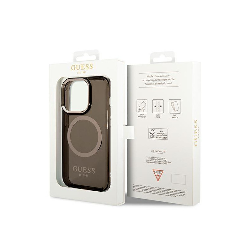 Guess Gold Outline permatomas MagSafe dėklas, skirtas iPhone 14 Pro Max - juodas
