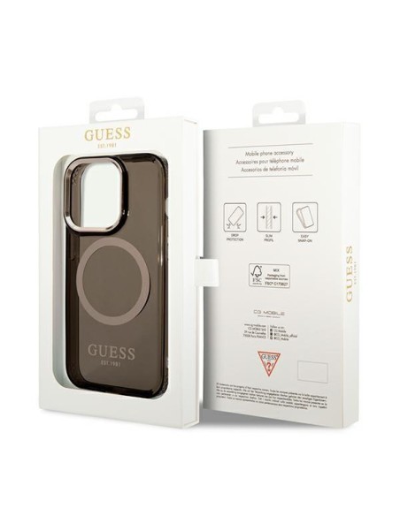 Guess Gold Outline permatomas MagSafe dėklas, skirtas iPhone 14 Pro Max - juodas Guess Gold Outline permatomas MagSafe dėklas, skirtas iPhone 14 Pro Max - juodas