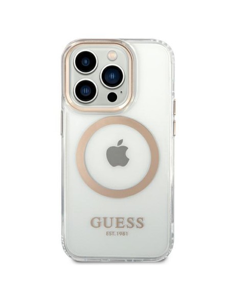 Guess Metal Outline MagSafe dėklas iPhone 14 Pro Max - auksinis