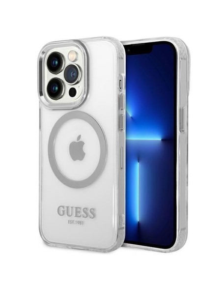 Guess Metal Outline MagSafe dėklas, skirtas iPhone 14 Pro Max - sidabrinis Guess Metal Outline MagSafe dėklas, skirtas iPhone 14 Pro Max - sidabrinis
