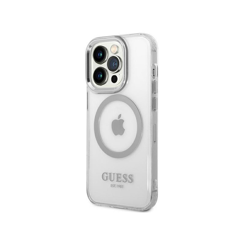 Guess Metal Outline MagSafe dėklas, skirtas iPhone 14 Pro Max - sidabrinis