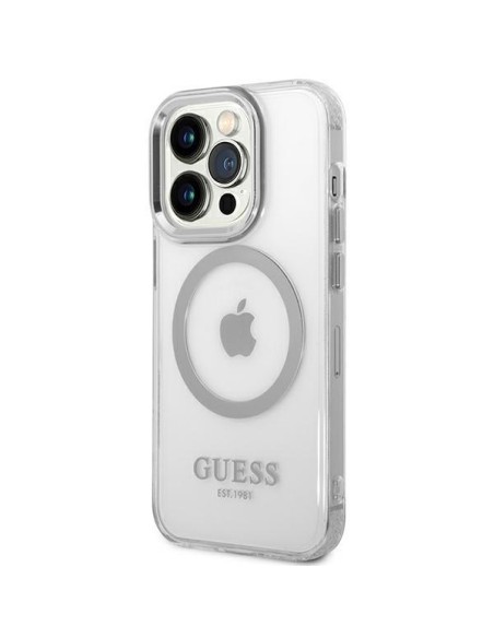 Guess Metal Outline MagSafe dėklas, skirtas iPhone 14 Pro Max - sidabrinis Guess Metal Outline MagSafe dėklas, skirtas iPhone 14 Pro Max - sidabrinis
