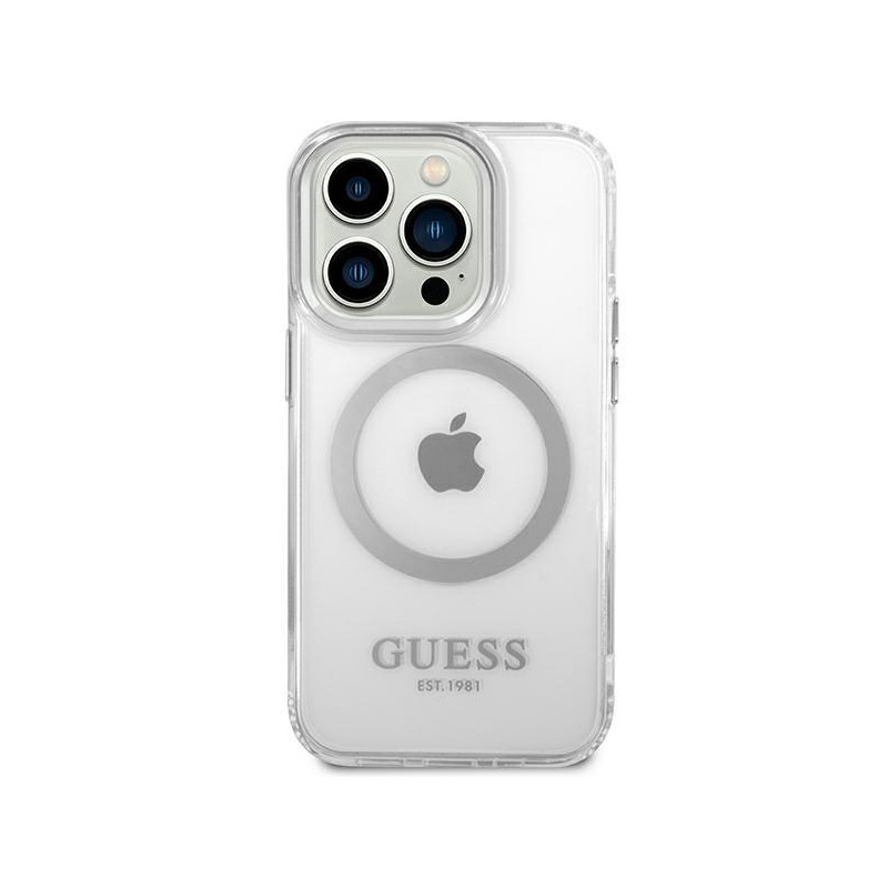 Guess Metal Outline MagSafe dėklas, skirtas iPhone 14 Pro Max - sidabrinis