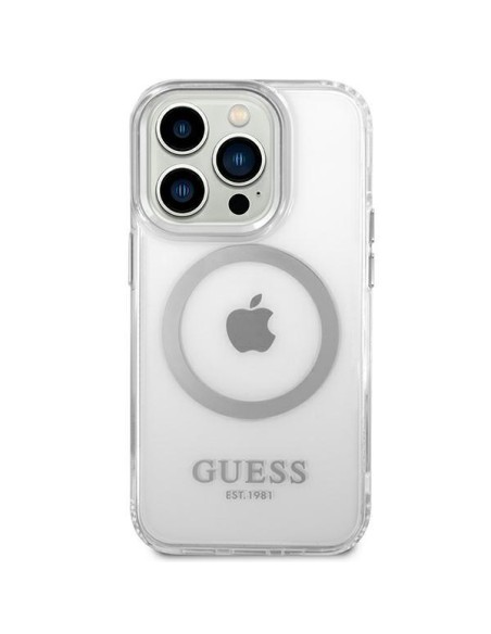 Guess Metal Outline MagSafe dėklas, skirtas iPhone 14 Pro Max - sidabrinis Guess Metal Outline MagSafe dėklas, skirtas iPhone 14 Pro Max - sidabrinis