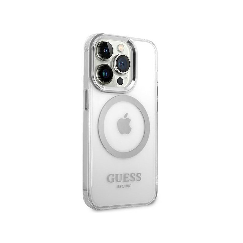 Guess Metal Outline MagSafe dėklas, skirtas iPhone 14 Pro Max - sidabrinis