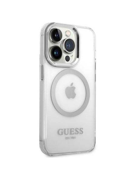 Guess Metal Outline MagSafe dėklas, skirtas iPhone 14 Pro Max - sidabrinis Guess Metal Outline MagSafe dėklas, skirtas iPhone 14 Pro Max - sidabrinis