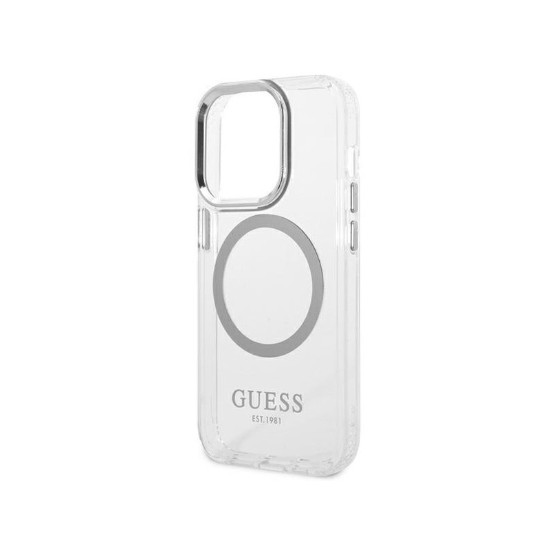 Guess Metal Outline MagSafe dėklas, skirtas iPhone 14 Pro Max - sidabrinis