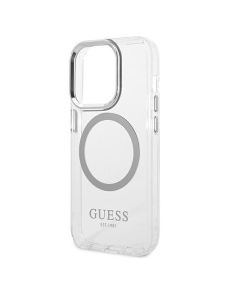 Guess Metal Outline MagSafe dėklas, skirtas iPhone 14 Pro Max - sidabrinis Guess Metal Outline MagSafe dėklas, skirtas iPhone 14 Pro Max - sidabrinis