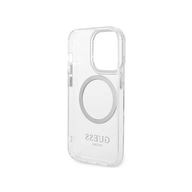 Guess Metal Outline MagSafe dėklas, skirtas iPhone 14 Pro Max - sidabrinis